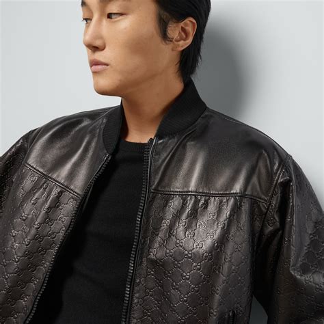 gucci plonge leather bomber|GG embossed leather bomber jacket .